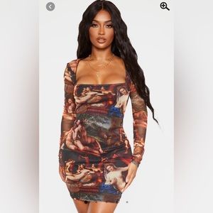 Shape Multi Renaissance Print Mesh Square Neck Bodycon Dress - Size 10